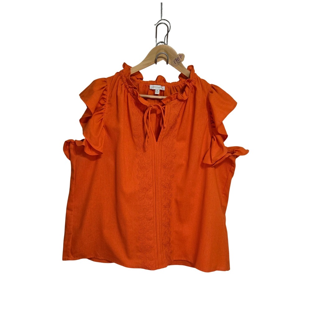 Crown & Ivy Orange Ruffle Tie Neck Embroidered Flutter Sleeve Blouse XL